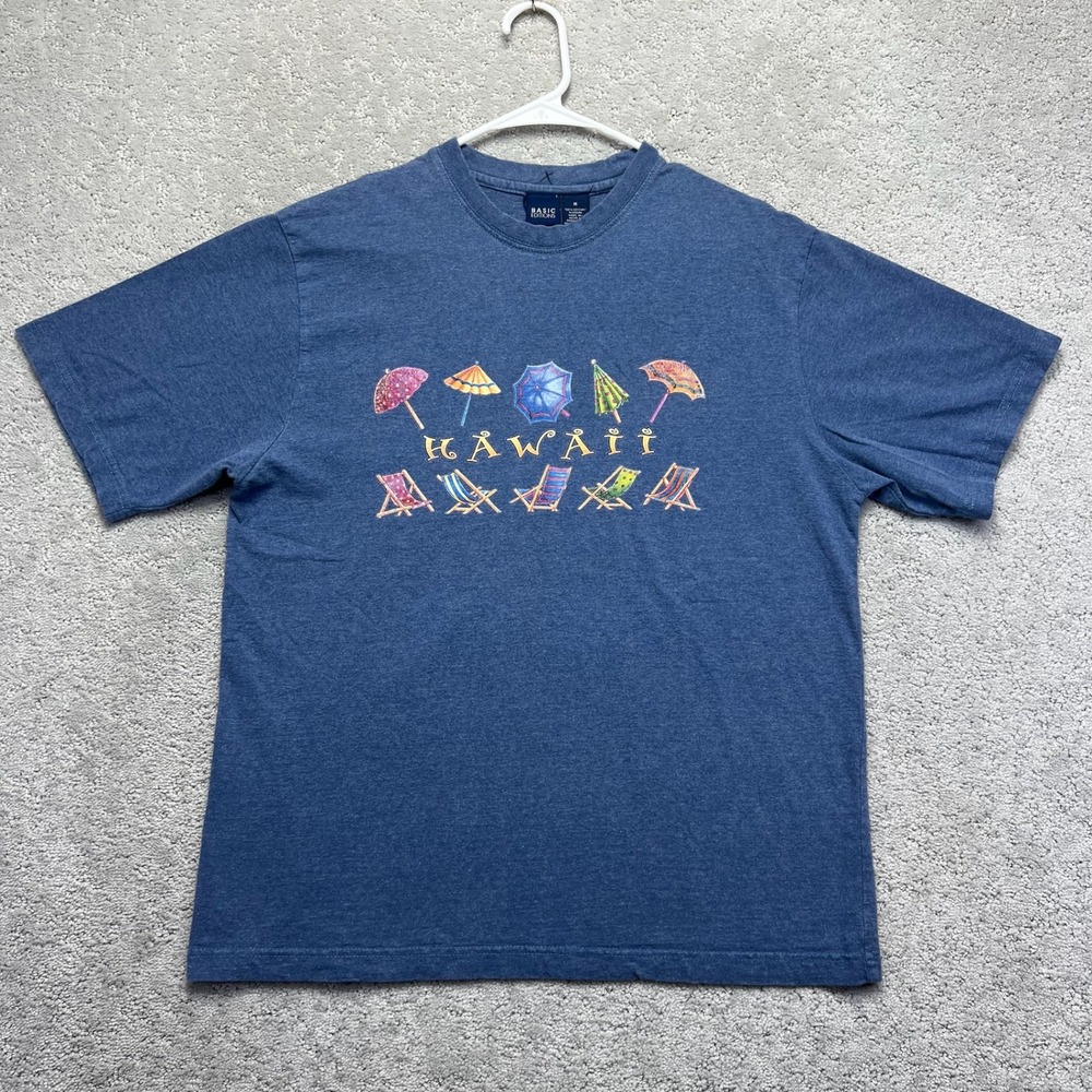 Basic Editions T-Shirt Mens Medium Blue Heather Hawaii Beach Umbrella Graphic